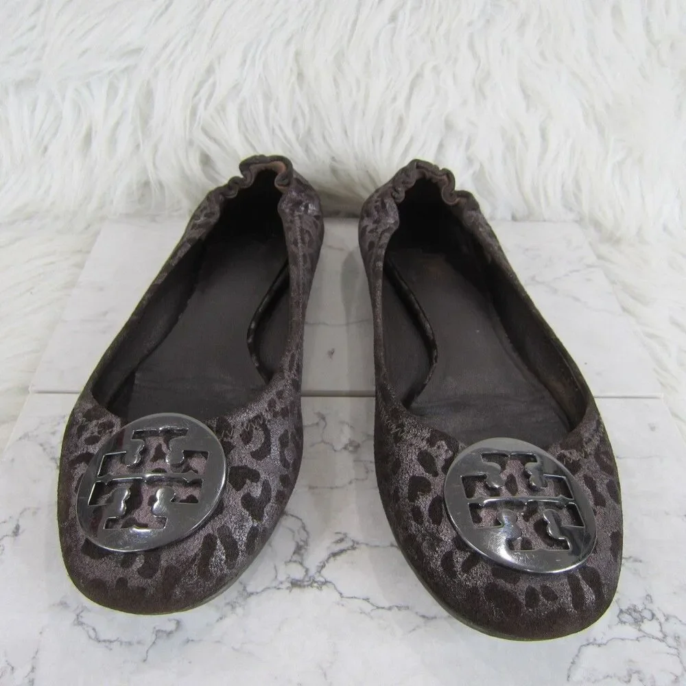Tory Burch Reva Flats Iridescent Leopard Print Brown Silver Size US 9
